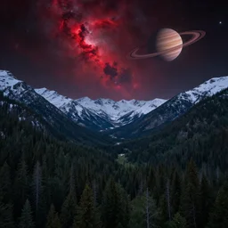 A forested valley surrounded by snow-capped mountains at night, a red nebula in the sky, a ringed gas giant in the sky, no clouds, sci-fi, photorealistic