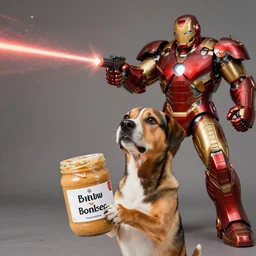 dog holding a jar of peanut butter firing a lazer at a iron clad warrior zdzislaw beksinski