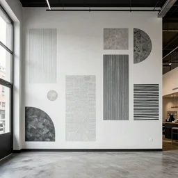 trendy downtown loft with contemporary murals on the wall, modern textures, and patterns, interior design, gorgeous architecture