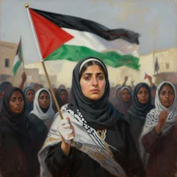 dramatic painting of palestinan woman over a black women crowd, palestinian flag