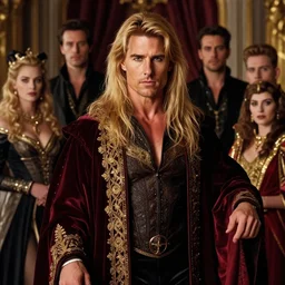 majestic gracious regal aristocratic a blond long haired tom cruise as lestat de lioncourt portrait, luxurious indoor setting, atmospheric lighting, painted, voluptuous, menacing, intricate, volumetric lighting, rich deep colours masterpiece, sharp focus, ultra detailed, by leesha hannigan, ross tran, thierry doizon, kai carpenter, ignacio fernandez rios