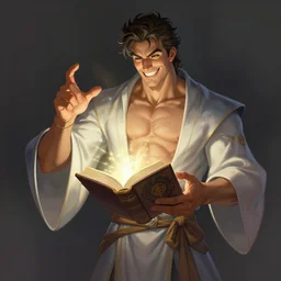 character concept portrait of happy santiago cabrera as a wizard enchanting a spell, a floating spell book in the center, muscular, abs, robes, elegant, digital painting, concept art, smooth, sharp focus, illustration, from Metal Gear, by Ruan Jia and Mandy Jurgens and William-Adolphe Bouguereau, Artgerm