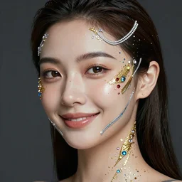 portrait of a beautiful futuristic woman with a soft smile is layered with high-tech jewelry wrapping around her face and head, golden-silver light with tiny blue, gold, and red gems scattered like dust