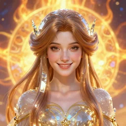 centralized close up portrait, friendly smiling crystal reed princess mage, abstract sunfire background, alphonse mucha, rhads, ross tran, artstation, artgerm, octane render, 1 6 k