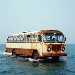 A rusty bus going through the ocean, album cover from 1970
