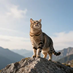 a cat standing on the peak of a mountain, looking up, realistic, epic lighting, epic composition, 4 k