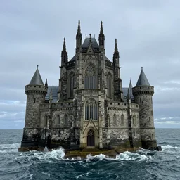 photography of a gothic castle in the middle of the ocean, realistic, 8 k, detailed, 3 5 mm