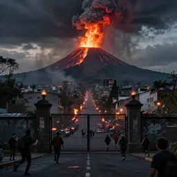 a wide shot of a vulcano spraying blood all over the city. The city is burning and all over people are screaming and running away towards the gate but the gate is closed. No way out. Dark mood light