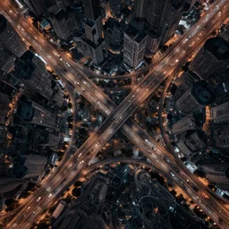 a bird's eye view of an impossibly complex metropolis highway system with many vehicles at night, directly overhead shot from a drone, hyperrealistic, ultra detailed, complex design, cyberpunk concept art, low contrast, hypermaximal, high detail, liminal, 8 k, blender 3 d by max hay and jon ian max