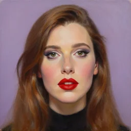 portrait of cara delevinge as a muppet with bright red lipstick, headshot, oil on canvas