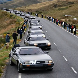 long line of DeLorean cars are parked bumper-to-bumper on the side of a road. Some of them have their passenger side doors open, while others do not. People gather alongside the cars as well as on the opposite side of the road. There are rolling hills visible in the background, high quality, ultra realistic photograph, 4k, 8k