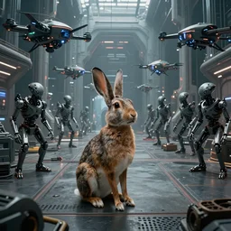The aliens of the hare in a massive futuristic military base, highly detailed, in the hangar, cyborgs cyberpunk city looking, drones drone warfare futuristic sci-fi, 4k,