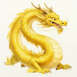 A watercolor painting of a huge, ancient yellow dragon with lots of very vibrant, bright yellow scales flying through the clouds during a thunderstorm, lots of lightning, bright yellow, blue, and grey color scheme.