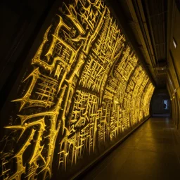 intricate, highly detailed, sharp, yellow, mysterious jagged extraterrestrial writing, on the wall of a long triangular shaped hallway, inside a spaceship, cinematic, dramatic lights scene