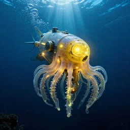bioluminescent cyberpunk siphonophore, extreme light, yellow cyberpunk submersible with lights on, deep ocean, robotic, mariana trench, sun rays, midnight zone, bubbles, hyper realistic, hyper detailed, digital art, trending in artstation, studio quality, photorealistic, photo, by jesper ejsing, wlop, paul lehr