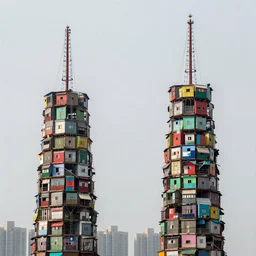 two suspended towers made up of colourful makeshift squatter shacks, plain uniform sky at the back, misty, mamiya rb 6 7, ultra sharp, very detailed, photographed by uta barth
