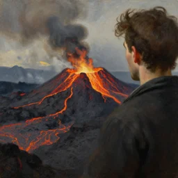 close up of a man on the brink of a volcano with flowing lava. painting by caspar david friedrich