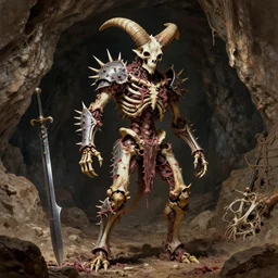 A spiky horned skeleton with armored joints stands in a large cave with a huge weapon. Extremely high detail, realistic, fantasy art, solo, masterpiece, saturated colors, bones, tangled, ripped flesh, art by Zdzisław Beksiński, Arthur Rackham, Dariusz Zawadzki