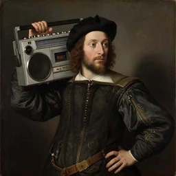 An renaissance painting of a guy with a boombox