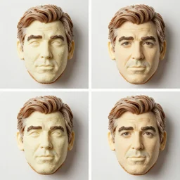 edible george clooney made step by step in separate frames. first frame has only the face made of cake, second frame adds hair made of whipped cream, third frame adds a suit made of blueberries and strawberries, fourth frame adds fine details using sprinkles, from the beautiful'food art collection ', dslr