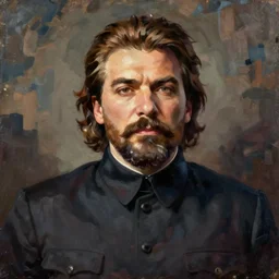 protrait of stalin, in t - shirt with anime art design, oil painting, by hubert van eyck