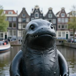 closeup portrait of the loch ness monster in an amsterdam canal, background houses, photograph, natural light, sharp, detailed face, magazine, press, photo, steve mccurry, david lazar, canon, nikon, focus