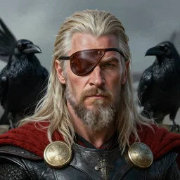 Digital painting of Ian McKellen as Odin, wearing an brown leather eyepatch, two ravens in the background, hyperdetailed, artstation, cgsociety, 8k