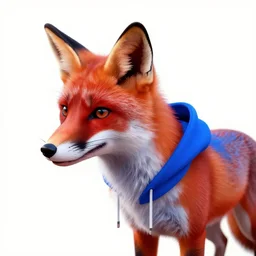 a close-up profile shot of a standing red fox in a blue hoodie on a white background, concept art, synthwave style, digital art picture