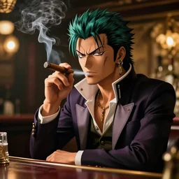 Jotaro Kujo smoking a cigar, at a bar, dramatic lighting, 4k