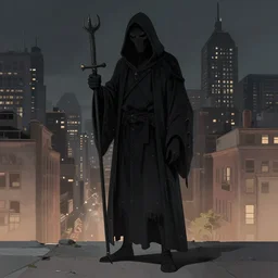 a full body shot of The Grim Reaper by Brahm Revel,colored by Ronda Pattison,city in the background,dark colors,detailed,artstation