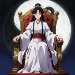 anime high priestess, mysteriously siting in her trhone. yin and yang - n 9