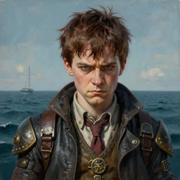 portrait painting of a scowling dieselpunk matthew lewis as neville longbottom, sea, sharp focus, award - winning, trending on artstation, masterpiece, highly detailed, intricate. art by josan gonzales and moebius and deathburger