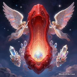 a symmetrical! delicate magic the gathering illustration by charles vess and michael kaluta of radiant winged seraphim entering the glowing entrance to a gargantuan vulva!!! - shaped temple of red smooth organic architecture, floating in the astral plane and constructed of house - sized crystals and with the bulb of the vestibule made of iridescent pearl, copyright wizards of the coast