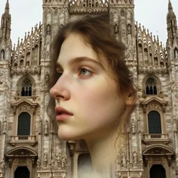 colour photo of a beautiful sublime young woman's face merging with a cathedral building, anatomically correct, ornamental, moody, highly detailed, rule of thirds, face in sharp focus, art by raphael, john william godward, alphonse mucha, android jones