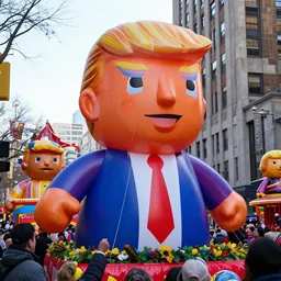 an inflatable donald trump balloon at the macy's day thanksgiving parade, hyperreal - w 1 0 2 4