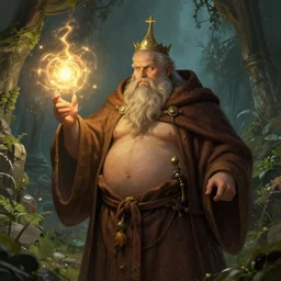 detailed portrait of portly monk house as a mage, magical, bright spells, fantasy, ruins, overgrown plants, atmosphere, 8 k high definition, insanely detailed, intricate, by charlie bowater, johan grenier