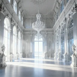 concept art, in the hall of a crystal baroque palace, morning, the sun shines through the stained glass, god rays, high brightness, high saturation, unreal engine, hyperdetailed, 4 k