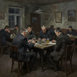 dark oil realistic painting a depressing soviet era pub filled with old withered people