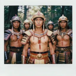 matte close - up portrait of tai smart warriors who assemble in the forest backlighting, ethnic costume, leather and rattan armored, traditional decoration, elegant, loin cloth, highly detailed, 8 k, cinematic lighting, global illumination, ornate, super detailed, faded color polaroid, a colorized photo, colorized, # film, movie still