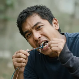 a man bite in wires