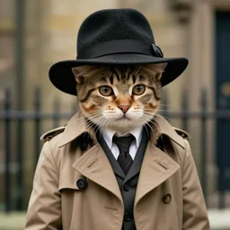 film still of a kitten as sherlock holmes dressed in a trench coat and hat wearing a trench coat and hat!!! wearing a tench coat and hat!!! in the new sherlock holmes movie, 8 k