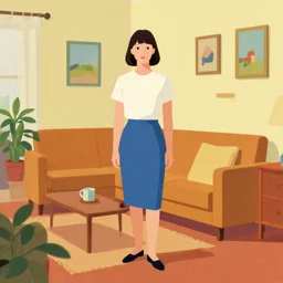 risograph grainy low poly rendering vintage advertising, wes anderson color palette, simplified woman in her livingroom james gilleard full body character portrait, full body portrait, very low poly, 1 9 6 0, kodak, with, natural colors, painting by james gilleard moebius and satoshi kon and dirk dzimirsky