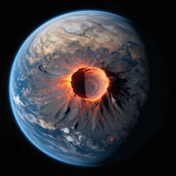 a volcanic planet as seen from orbit, black background