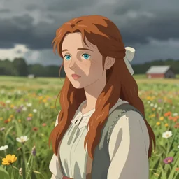 a beautiful southern woman named Savannah Savage, innocent, sad cerulean eyes, freckles, long ginger hair tied with white ribbon, thoughtful in a field of flowers on a farm, gentle lighting, innocent mood, storm in the distance, somber, western clothing, dress,digital art by Makoto Shinkai ilya kuvshinov and Wojtek Fus, digital art, concept art,