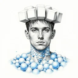 a formal self portrait by the artist kelbv, in distinct hyper precise fineliner style with cuboids neatly curving above his head, and exploded body filled with light blue and white spheroids, perfect bright studio lighting.
