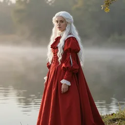 beautiful lady with white long hair and dressed with a red victorian cloak, standing in a lake, mist, morning light, van dyke, jacque louis david