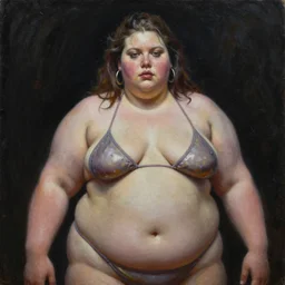 a detailed upper body portrait of marcia cross as a fat obese bikini model. fantasy aesthetic. oil on canvas, black oil bath. in the style of froud and ross tran.