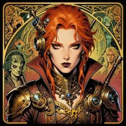 a detailed portrait illustration of a steampunk tech - sorcerer. beautiful androgynous face, ginger. art nouveau, pop art, comic book style. influenced by neil gaiman, h. p. lovecraft, dan mumford, brian froud, heade, killian eng, ross tran.