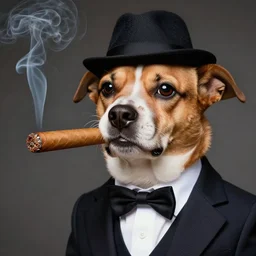 a high detail closeup photograph of a dog wearing a suit 👔,and smoking a cigarrette🚬, award wining photograph