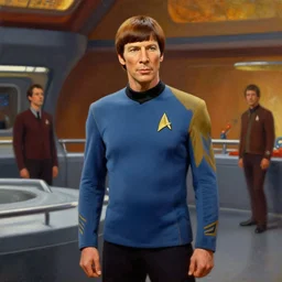 young spock ( leonard nimoy ), the vulcan officer from star trek, in his blue and gold uniform, standing on the bridge of the enterprise. oil painting in the style of edward hopper and ilya repin gaston bussiere, craig mullins. warm colors. detailed and hyperrealistic.